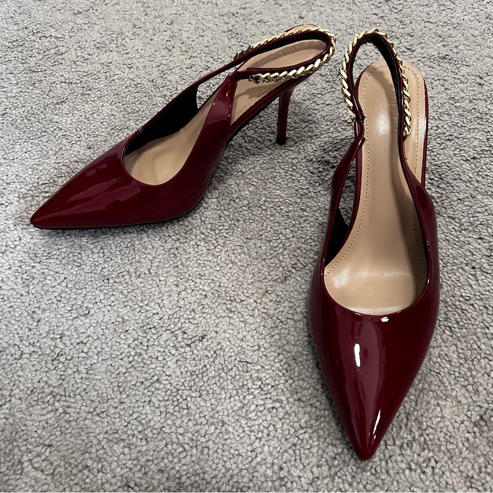 (SOLD) Cherry Red Patent Slingback Pumps with Gold Chain Detail